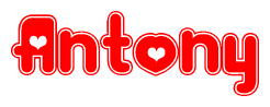 The image is a red and white graphic with the word Antony written in a decorative script. Each letter in  is contained within its own outlined bubble-like shape. Inside each letter, there is a white heart symbol.