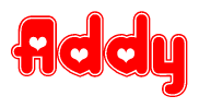 The image is a clipart featuring the word Addy written in a stylized font with a heart shape replacing inserted into the center of each letter. The color scheme of the text and hearts is red with a light outline.
