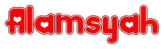 The image is a red and white graphic with the word Alamsyah written in a decorative script. Each letter in  is contained within its own outlined bubble-like shape. Inside each letter, there is a white heart symbol.