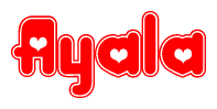 The image is a red and white graphic with the word Ayala written in a decorative script. Each letter in  is contained within its own outlined bubble-like shape. Inside each letter, there is a white heart symbol.