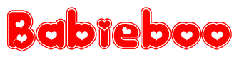 The image is a clipart featuring the word Babieboo written in a stylized font with a heart shape replacing inserted into the center of each letter. The color scheme of the text and hearts is red with a light outline.
