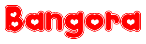 The image is a clipart featuring the word Bangora written in a stylized font with a heart shape replacing inserted into the center of each letter. The color scheme of the text and hearts is red with a light outline.