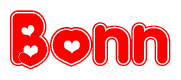 The image is a red and white graphic with the word Bonn written in a decorative script. Each letter in  is contained within its own outlined bubble-like shape. Inside each letter, there is a white heart symbol.