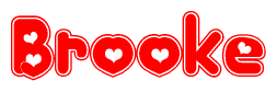 The image is a red and white graphic with the word Brooke written in a decorative script. Each letter in  is contained within its own outlined bubble-like shape. Inside each letter, there is a white heart symbol.