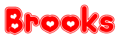 The image is a red and white graphic with the word Brooks written in a decorative script. Each letter in  is contained within its own outlined bubble-like shape. Inside each letter, there is a white heart symbol.