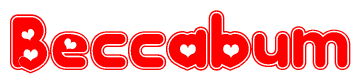 The image is a clipart featuring the word Beccabum written in a stylized font with a heart shape replacing inserted into the center of each letter. The color scheme of the text and hearts is red with a light outline.