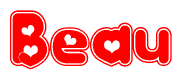 The image displays the word Beau written in a stylized red font with hearts inside the letters.