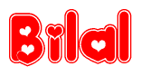 The image is a red and white graphic with the word Bilal written in a decorative script. Each letter in  is contained within its own outlined bubble-like shape. Inside each letter, there is a white heart symbol.