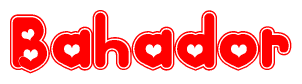 The image is a clipart featuring the word Bahador written in a stylized font with a heart shape replacing inserted into the center of each letter. The color scheme of the text and hearts is red with a light outline.