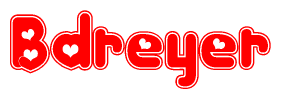 The image is a clipart featuring the word Bdreyer written in a stylized font with a heart shape replacing inserted into the center of each letter. The color scheme of the text and hearts is red with a light outline.