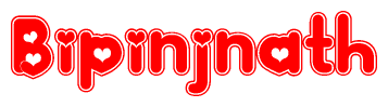 The image is a red and white graphic with the word Bipinjnath written in a decorative script. Each letter in  is contained within its own outlined bubble-like shape. Inside each letter, there is a white heart symbol.