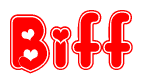 The image is a clipart featuring the word Biff written in a stylized font with a heart shape replacing inserted into the center of each letter. The color scheme of the text and hearts is red with a light outline.