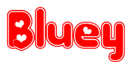 The image is a red and white graphic with the word Bluey written in a decorative script. Each letter in  is contained within its own outlined bubble-like shape. Inside each letter, there is a white heart symbol.