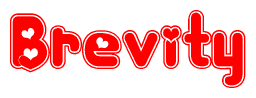 The image is a clipart featuring the word Brevity written in a stylized font with a heart shape replacing inserted into the center of each letter. The color scheme of the text and hearts is red with a light outline.