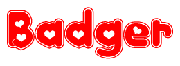 The image displays the word Badger written in a stylized red font with hearts inside the letters.