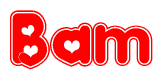 The image is a red and white graphic with the word Bam written in a decorative script. Each letter in  is contained within its own outlined bubble-like shape. Inside each letter, there is a white heart symbol.