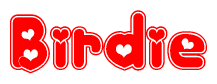The image is a clipart featuring the word Birdie written in a stylized font with a heart shape replacing inserted into the center of each letter. The color scheme of the text and hearts is red with a light outline.