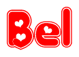 The image is a clipart featuring the word Bel written in a stylized font with a heart shape replacing inserted into the center of each letter. The color scheme of the text and hearts is red with a light outline.