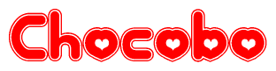 The image is a red and white graphic with the word Chocobo written in a decorative script. Each letter in  is contained within its own outlined bubble-like shape. Inside each letter, there is a white heart symbol.