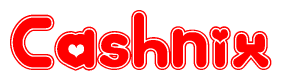 The image is a clipart featuring the word Cashnix written in a stylized font with a heart shape replacing inserted into the center of each letter. The color scheme of the text and hearts is red with a light outline.