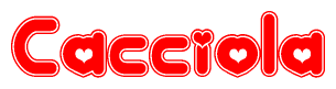The image is a clipart featuring the word Cacciola written in a stylized font with a heart shape replacing inserted into the center of each letter. The color scheme of the text and hearts is red with a light outline.