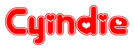 The image is a red and white graphic with the word Cyindie written in a decorative script. Each letter in  is contained within its own outlined bubble-like shape. Inside each letter, there is a white heart symbol.