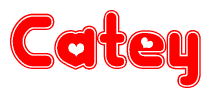 The image is a clipart featuring the word Catey written in a stylized font with a heart shape replacing inserted into the center of each letter. The color scheme of the text and hearts is red with a light outline.