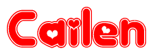 The image is a red and white graphic with the word Cailen written in a decorative script. Each letter in  is contained within its own outlined bubble-like shape. Inside each letter, there is a white heart symbol.