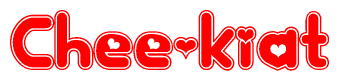 The image is a red and white graphic with the word Chee-kiat written in a decorative script. Each letter in  is contained within its own outlined bubble-like shape. Inside each letter, there is a white heart symbol.