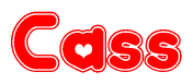 The image is a red and white graphic with the word Cass written in a decorative script. Each letter in  is contained within its own outlined bubble-like shape. Inside each letter, there is a white heart symbol.