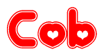 The image is a red and white graphic with the word Cob written in a decorative script. Each letter in  is contained within its own outlined bubble-like shape. Inside each letter, there is a white heart symbol.
