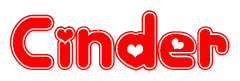 The image is a clipart featuring the word Cinder written in a stylized font with a heart shape replacing inserted into the center of each letter. The color scheme of the text and hearts is red with a light outline.