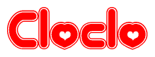 The image is a red and white graphic with the word Cloclo written in a decorative script. Each letter in  is contained within its own outlined bubble-like shape. Inside each letter, there is a white heart symbol.