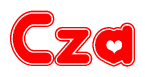 The image is a red and white graphic with the word Cza written in a decorative script. Each letter in  is contained within its own outlined bubble-like shape. Inside each letter, there is a white heart symbol.