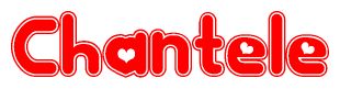 The image is a red and white graphic with the word Chantele written in a decorative script. Each letter in  is contained within its own outlined bubble-like shape. Inside each letter, there is a white heart symbol.