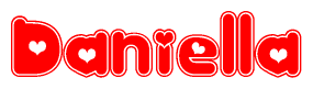 The image is a clipart featuring the word Daniella written in a stylized font with a heart shape replacing inserted into the center of each letter. The color scheme of the text and hearts is red with a light outline.