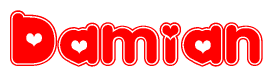 The image is a clipart featuring the word Damian written in a stylized font with a heart shape replacing inserted into the center of each letter. The color scheme of the text and hearts is red with a light outline.