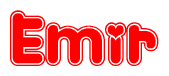 The image is a red and white graphic with the word Emir written in a decorative script. Each letter in  is contained within its own outlined bubble-like shape. Inside each letter, there is a white heart symbol.