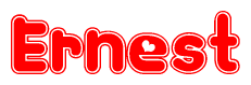 The image is a red and white graphic with the word Ernest written in a decorative script. Each letter in  is contained within its own outlined bubble-like shape. Inside each letter, there is a white heart symbol.