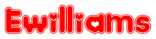 The image is a clipart featuring the word Ewilliams written in a stylized font with a heart shape replacing inserted into the center of each letter. The color scheme of the text and hearts is red with a light outline.