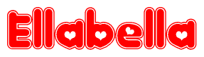 The image is a red and white graphic with the word Ellabella written in a decorative script. Each letter in  is contained within its own outlined bubble-like shape. Inside each letter, there is a white heart symbol.