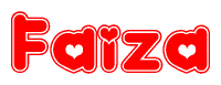 The image is a red and white graphic with the word Faiza written in a decorative script. Each letter in  is contained within its own outlined bubble-like shape. Inside each letter, there is a white heart symbol.