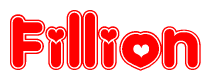 The image is a clipart featuring the word Fillion written in a stylized font with a heart shape replacing inserted into the center of each letter. The color scheme of the text and hearts is red with a light outline.