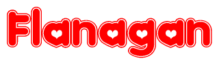The image is a clipart featuring the word Flanagan written in a stylized font with a heart shape replacing inserted into the center of each letter. The color scheme of the text and hearts is red with a light outline.