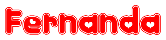 The image is a red and white graphic with the word Fernanda written in a decorative script. Each letter in  is contained within its own outlined bubble-like shape. Inside each letter, there is a white heart symbol.