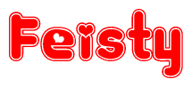 The image is a red and white graphic with the word Feisty written in a decorative script. Each letter in  is contained within its own outlined bubble-like shape. Inside each letter, there is a white heart symbol.