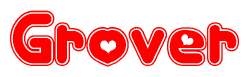 The image is a red and white graphic with the word Grover written in a decorative script. Each letter in  is contained within its own outlined bubble-like shape. Inside each letter, there is a white heart symbol.
