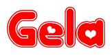 The image is a red and white graphic with the word Gela written in a decorative script. Each letter in  is contained within its own outlined bubble-like shape. Inside each letter, there is a white heart symbol.