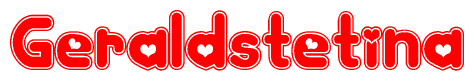 The image is a red and white graphic with the word Geraldstetina written in a decorative script. Each letter in  is contained within its own outlined bubble-like shape. Inside each letter, there is a white heart symbol.