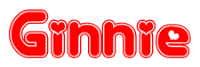 The image is a red and white graphic with the word Ginnie written in a decorative script. Each letter in  is contained within its own outlined bubble-like shape. Inside each letter, there is a white heart symbol.